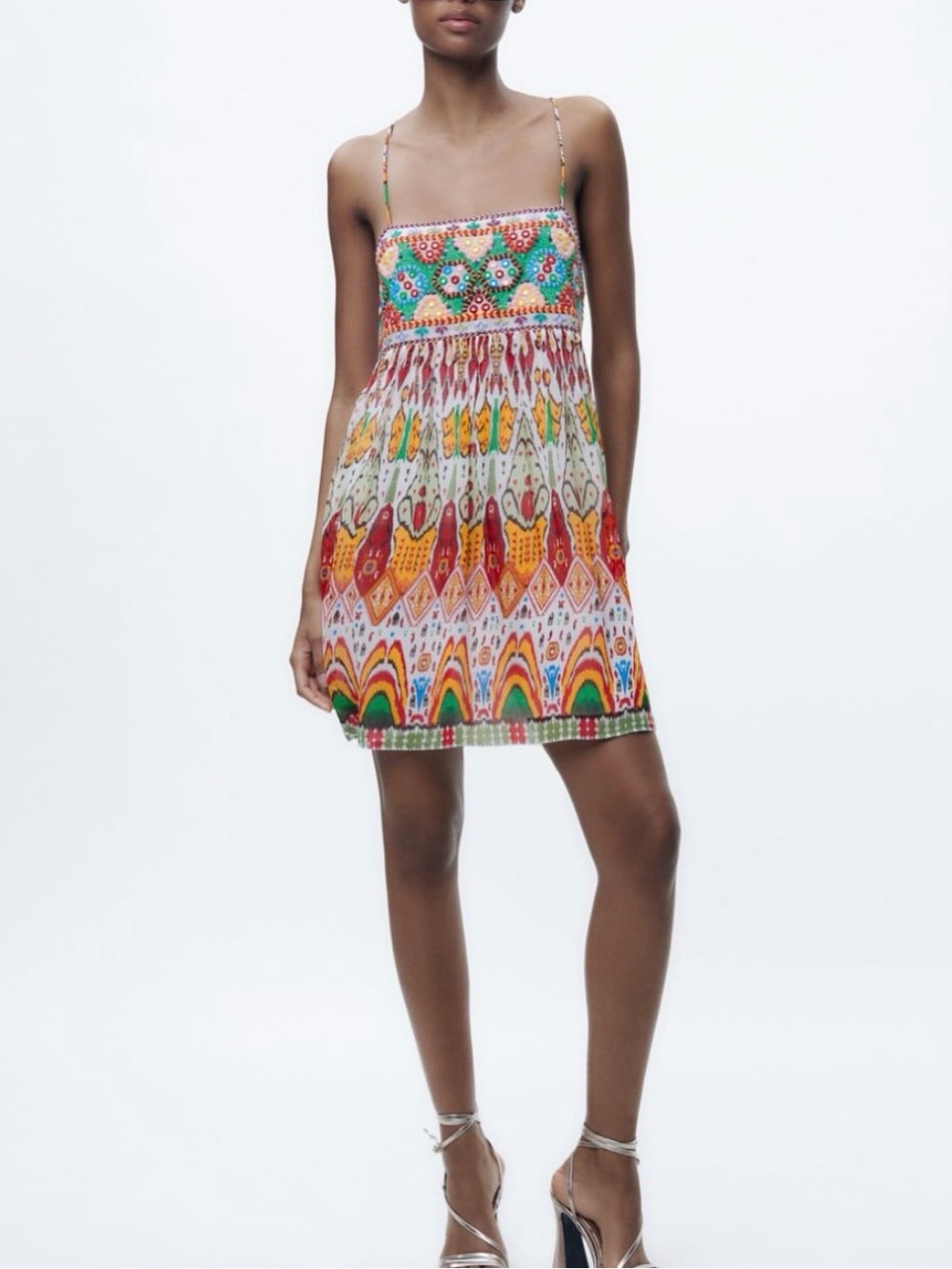 Zara Tribal Print Halter Mini Dress Beaded Embroidered Babydoll Vacation Boho